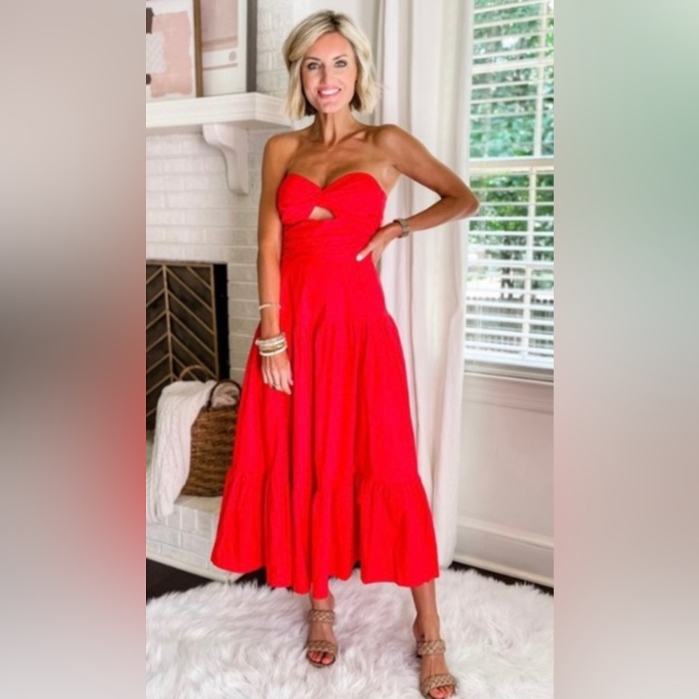 Red Cotton Strapless Cutout Midi Dress